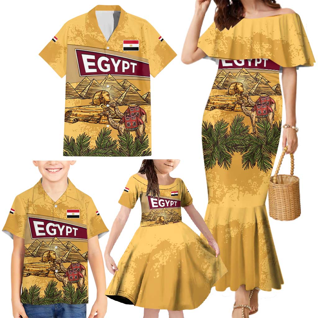 Egyptian Pyramids and Anubis Family Matching Mermaid Dress and Hawaiian Shirt with Camel Caravan Desert