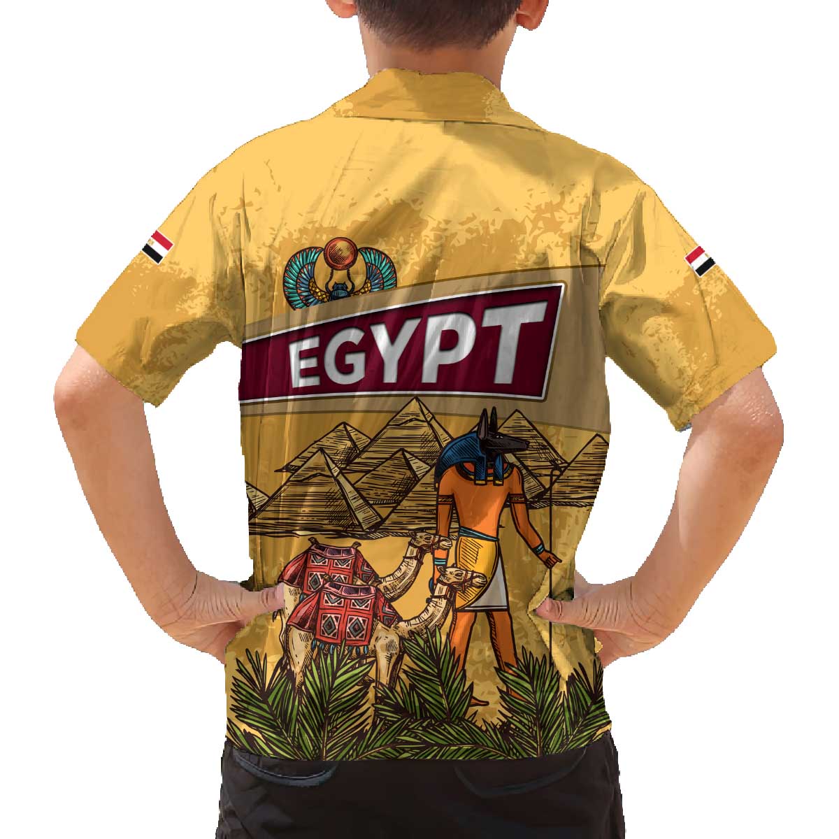Egyptian Pyramids and Anubis Family Matching Off The Shoulder Long Sleeve Dress and Hawaiian Shirt with Camel Caravan Desert