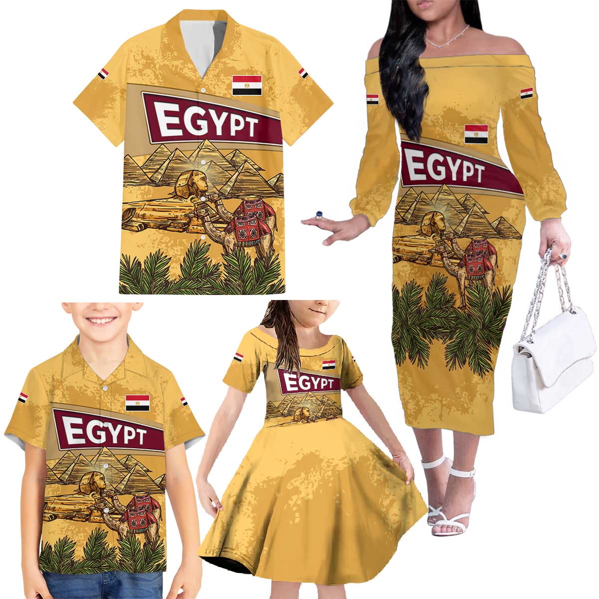 Egyptian Pyramids and Anubis Family Matching Off The Shoulder Long Sleeve Dress and Hawaiian Shirt with Camel Caravan Desert