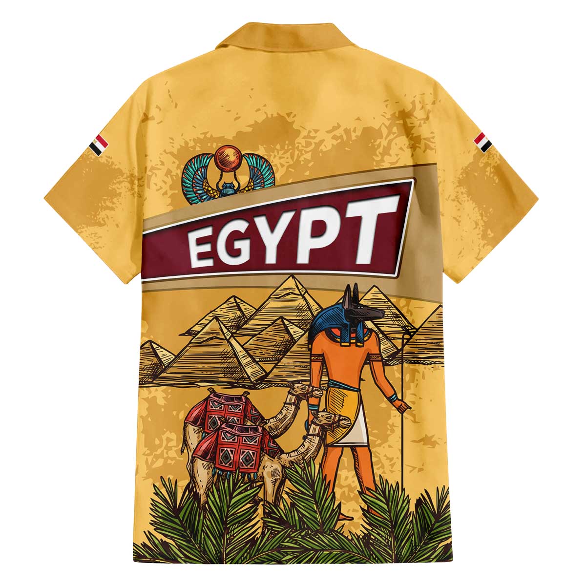 Egyptian Pyramids and Anubis Family Matching Off The Shoulder Long Sleeve Dress and Hawaiian Shirt with Camel Caravan Desert