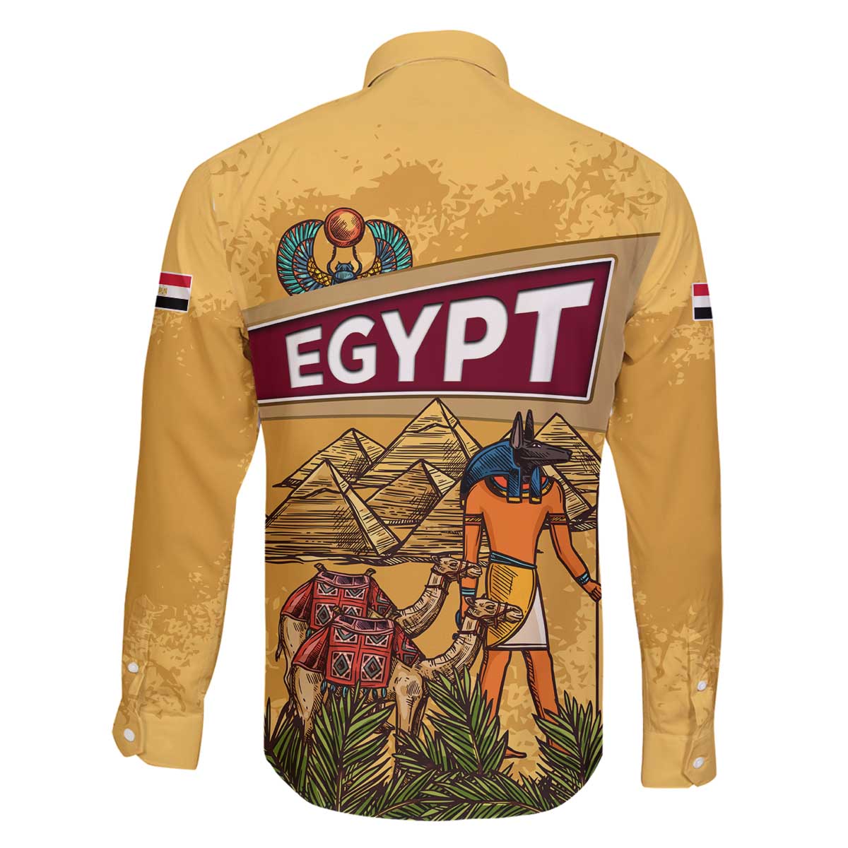 Egyptian Pyramids and Anubis Family Matching Off The Shoulder Long Sleeve Dress and Hawaiian Shirt with Camel Caravan Desert