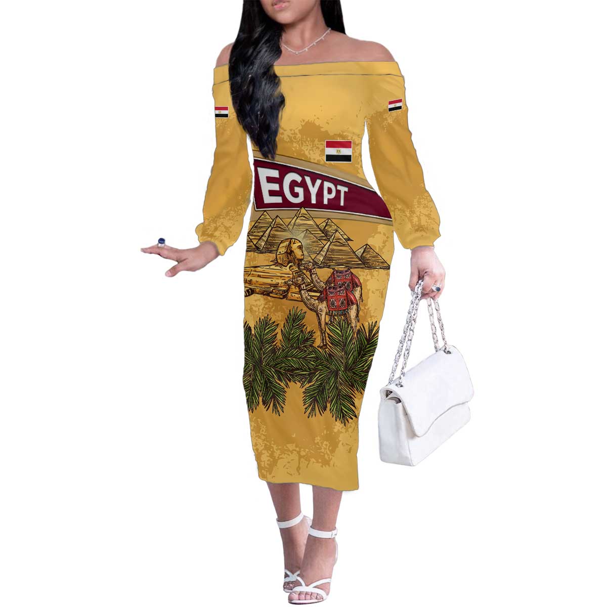 Egyptian Pyramids and Anubis Family Matching Off The Shoulder Long Sleeve Dress and Hawaiian Shirt with Camel Caravan Desert