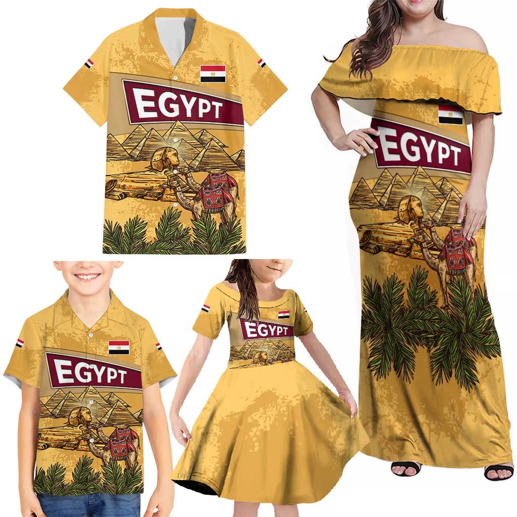 Egyptian Pyramids and Anubis Family Matching Off Shoulder Maxi Dress and Hawaiian Shirt with Camel Caravan Desert