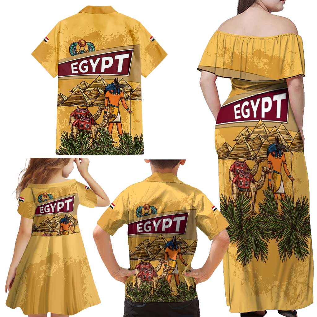 Egyptian Pyramids and Anubis Family Matching Off Shoulder Maxi Dress and Hawaiian Shirt with Camel Caravan Desert