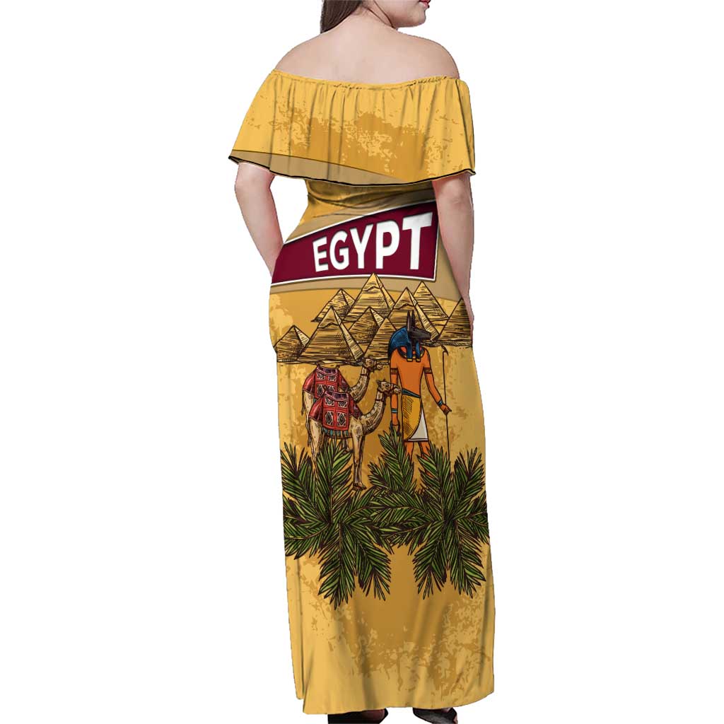 Egyptian Pyramids and Anubis Family Matching Off Shoulder Maxi Dress and Hawaiian Shirt with Camel Caravan Desert