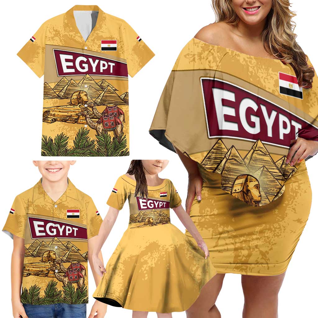 Egyptian Pyramids and Anubis Family Matching Off Shoulder Short Dress and Hawaiian Shirt with Camel Caravan Desert