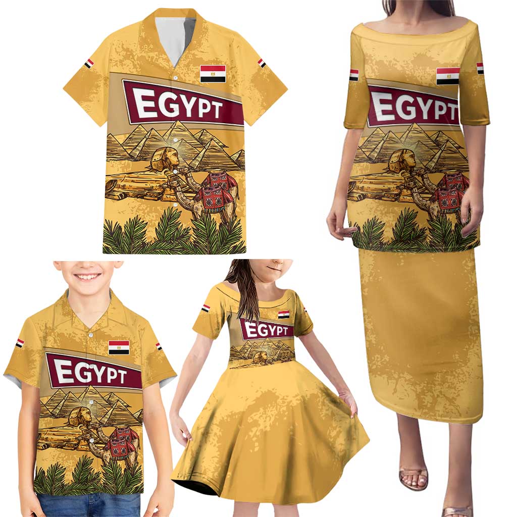 Egyptian Pyramids and Anubis Family Matching Puletasi and Hawaiian Shirt with Camel Caravan Desert