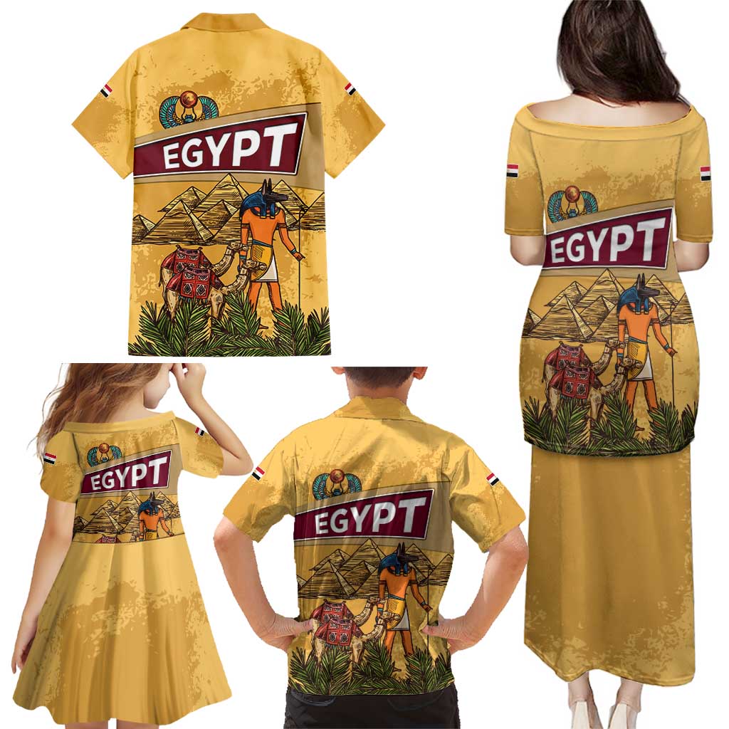 Egyptian Pyramids and Anubis Family Matching Puletasi and Hawaiian Shirt with Camel Caravan Desert