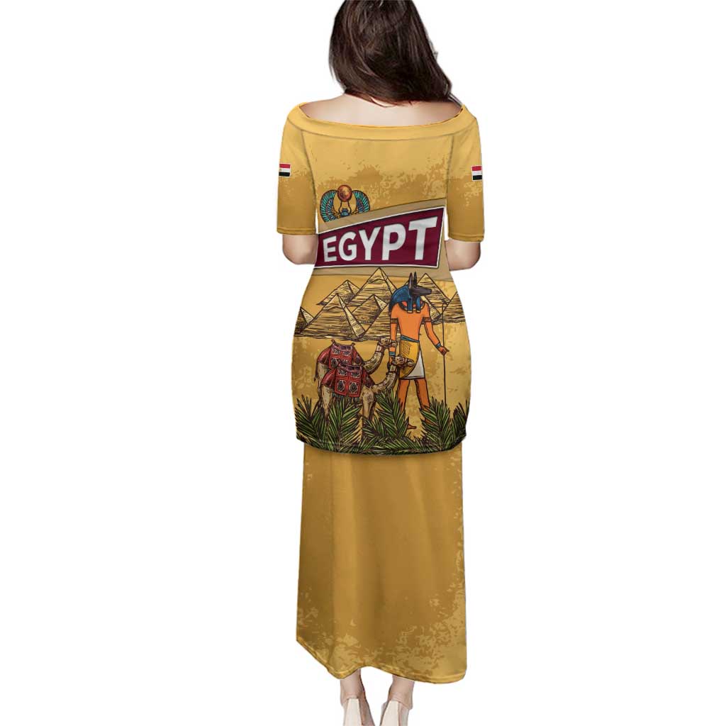 Egyptian Pyramids and Anubis Family Matching Puletasi and Hawaiian Shirt with Camel Caravan Desert