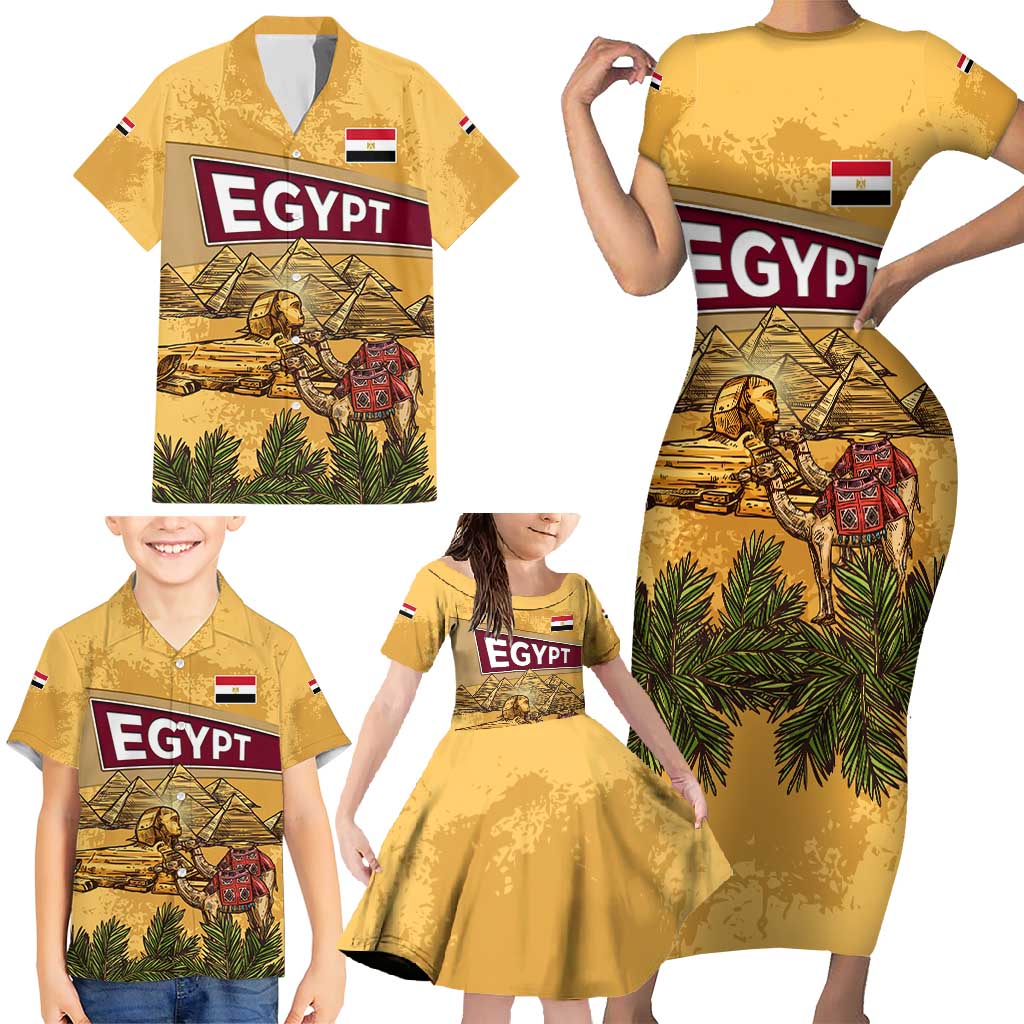 Egyptian Pyramids and Anubis Family Matching Short Sleeve Bodycon Dress and Hawaiian Shirt with Camel Caravan Desert