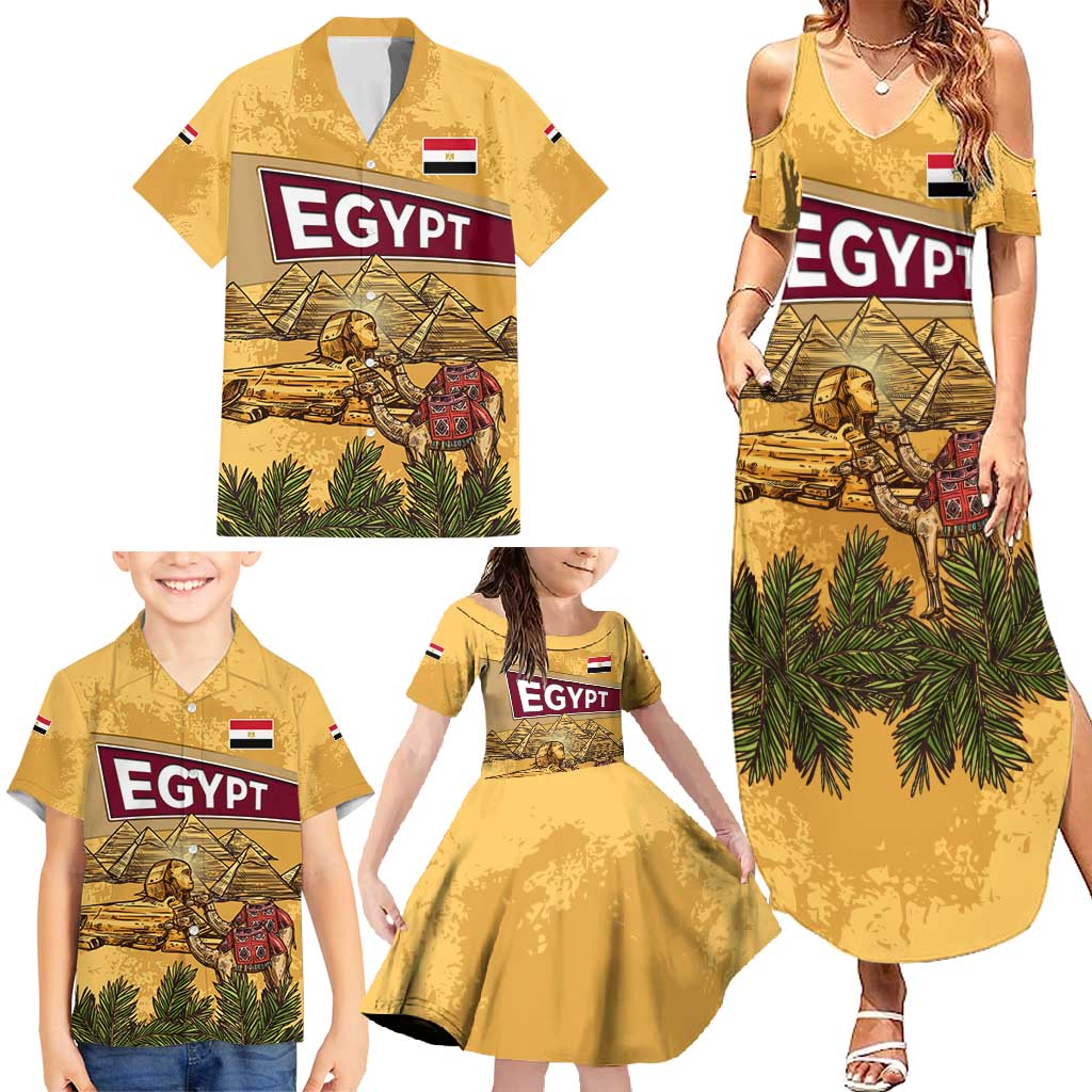 Egyptian Pyramids and Anubis Family Matching Summer Maxi Dress and Hawaiian Shirt with Camel Caravan Desert