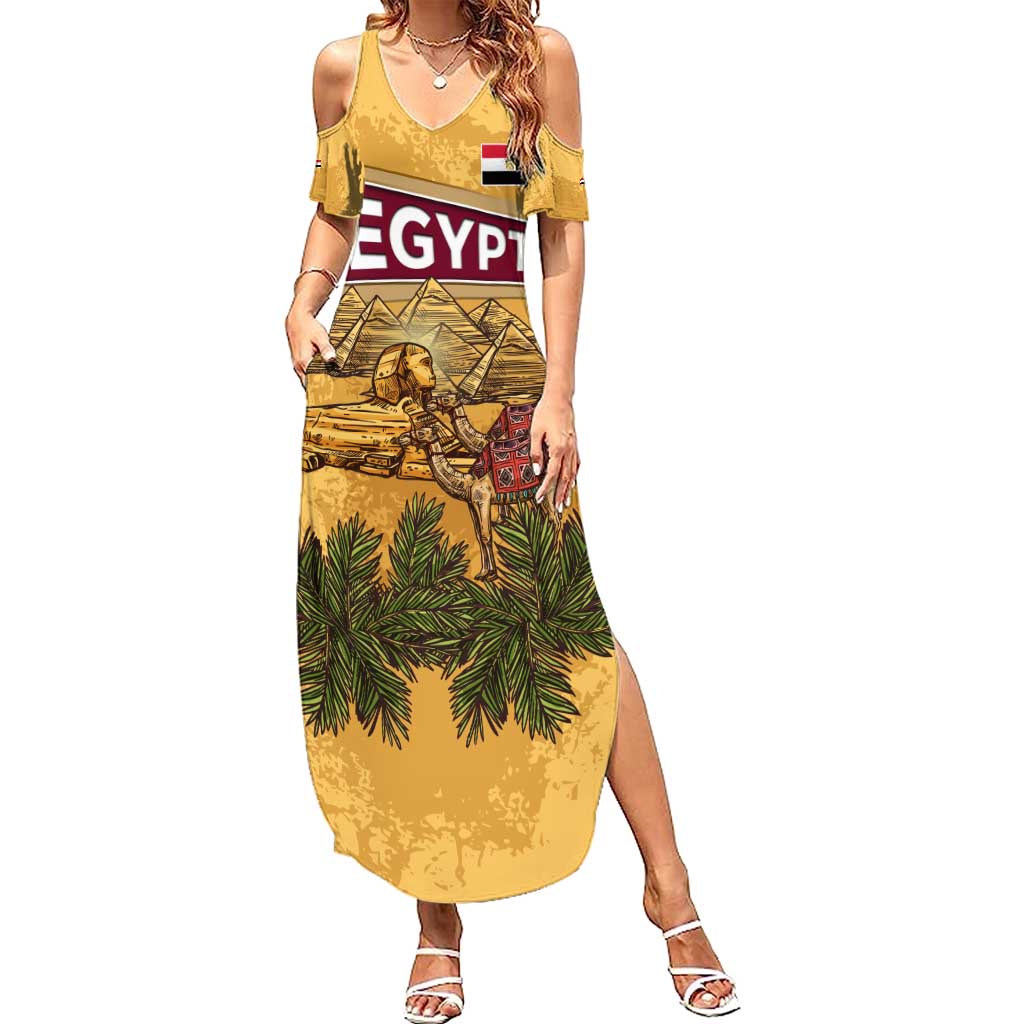 Egyptian Pyramids and Anubis Family Matching Summer Maxi Dress and Hawaiian Shirt with Camel Caravan Desert