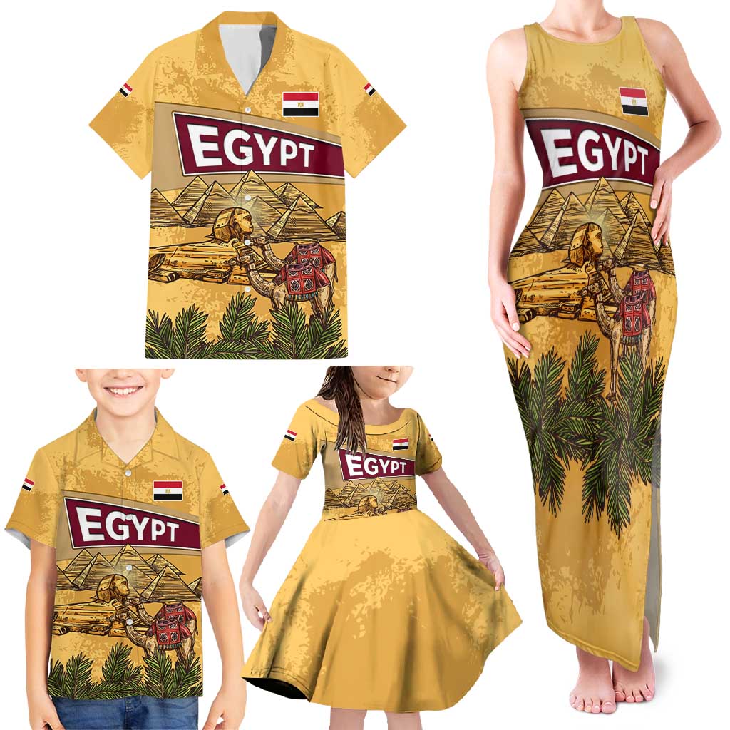 Egyptian Pyramids and Anubis Family Matching Tank Maxi Dress and Hawaiian Shirt with Camel Caravan Desert