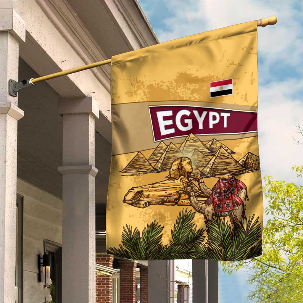 Egyptian Pyramids and Anubis Garden Flag with Camel Caravan Desert