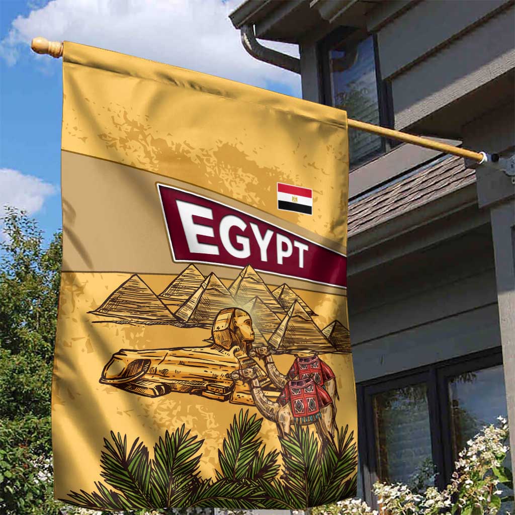 Egyptian Pyramids and Anubis Garden Flag with Camel Caravan Desert