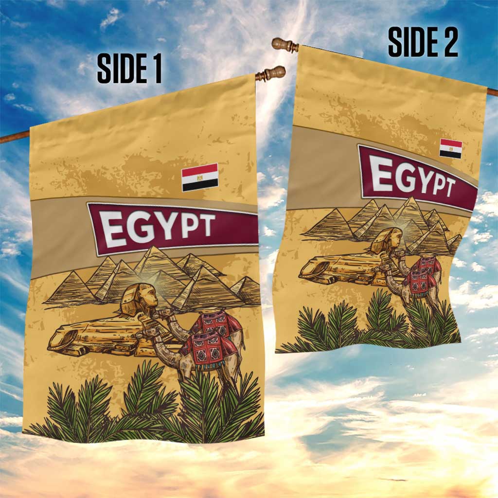 Egyptian Pyramids and Anubis Garden Flag with Camel Caravan Desert
