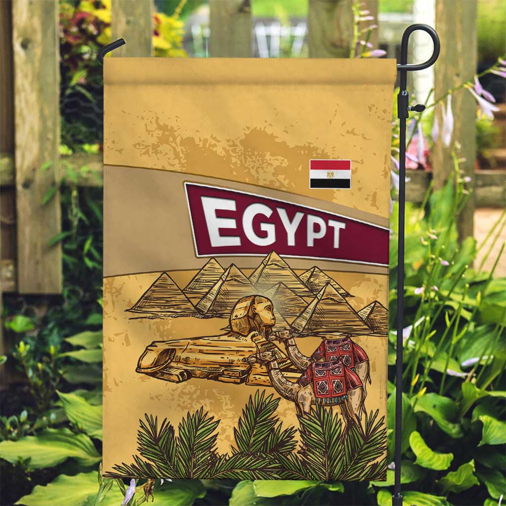 Egyptian Pyramids and Anubis Garden Flag with Camel Caravan Desert