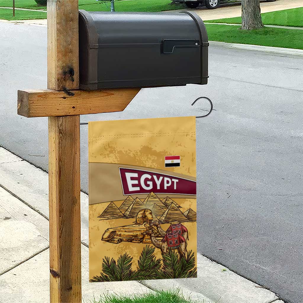 Egyptian Pyramids and Anubis Garden Flag with Camel Caravan Desert