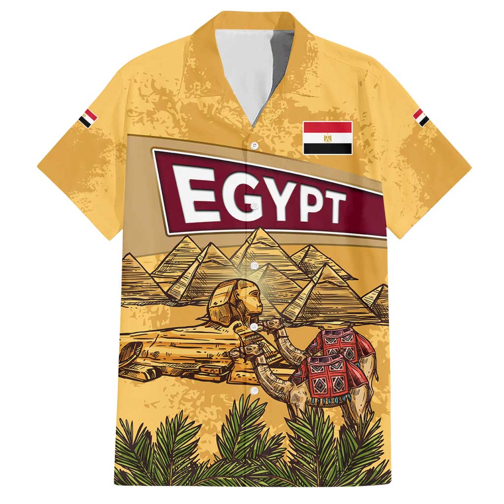 Egyptian Pyramids and Anubis Hawaiian Shirt with Camel Caravan Desert