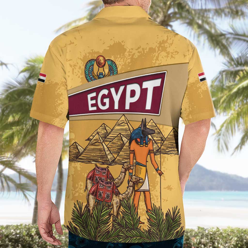Egyptian Pyramids and Anubis Hawaiian Shirt with Camel Caravan Desert