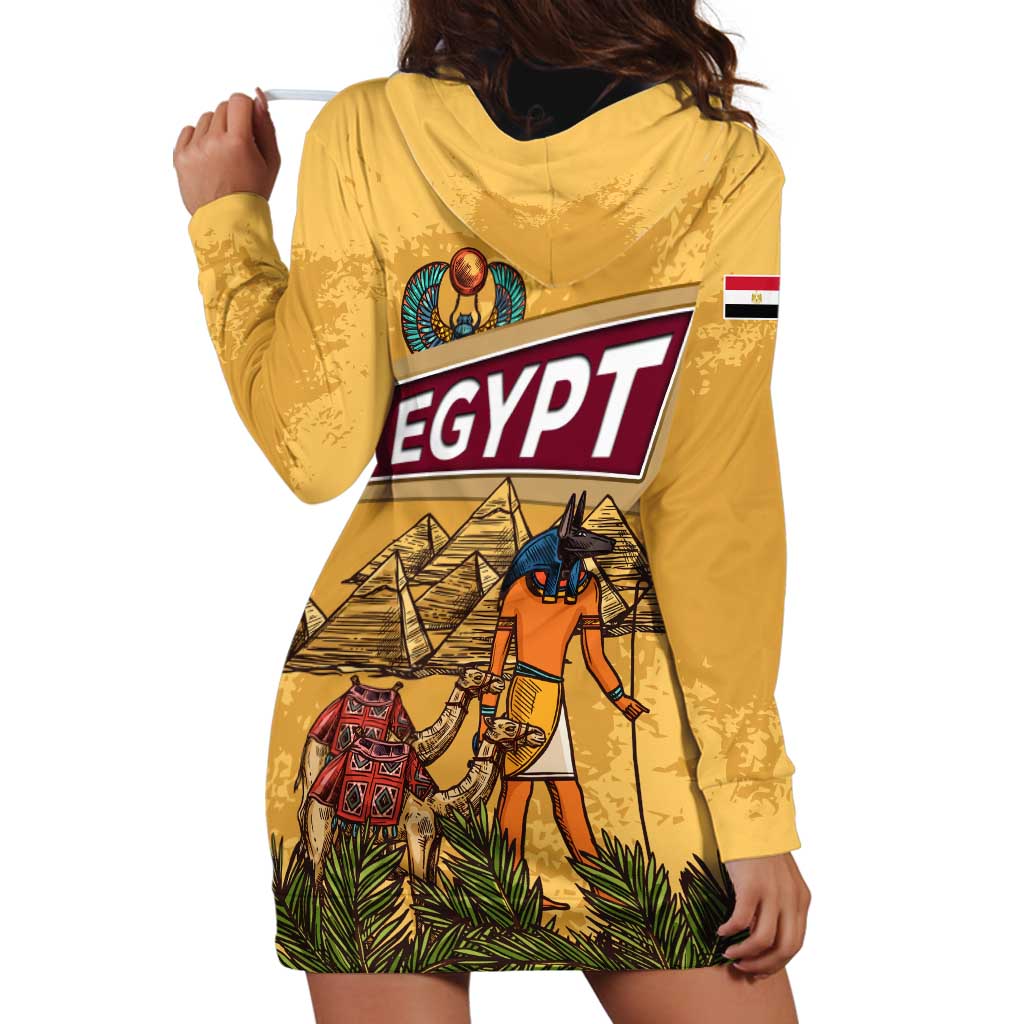 Egyptian Pyramids and Anubis Hoodie Dress with Camel Caravan Desert