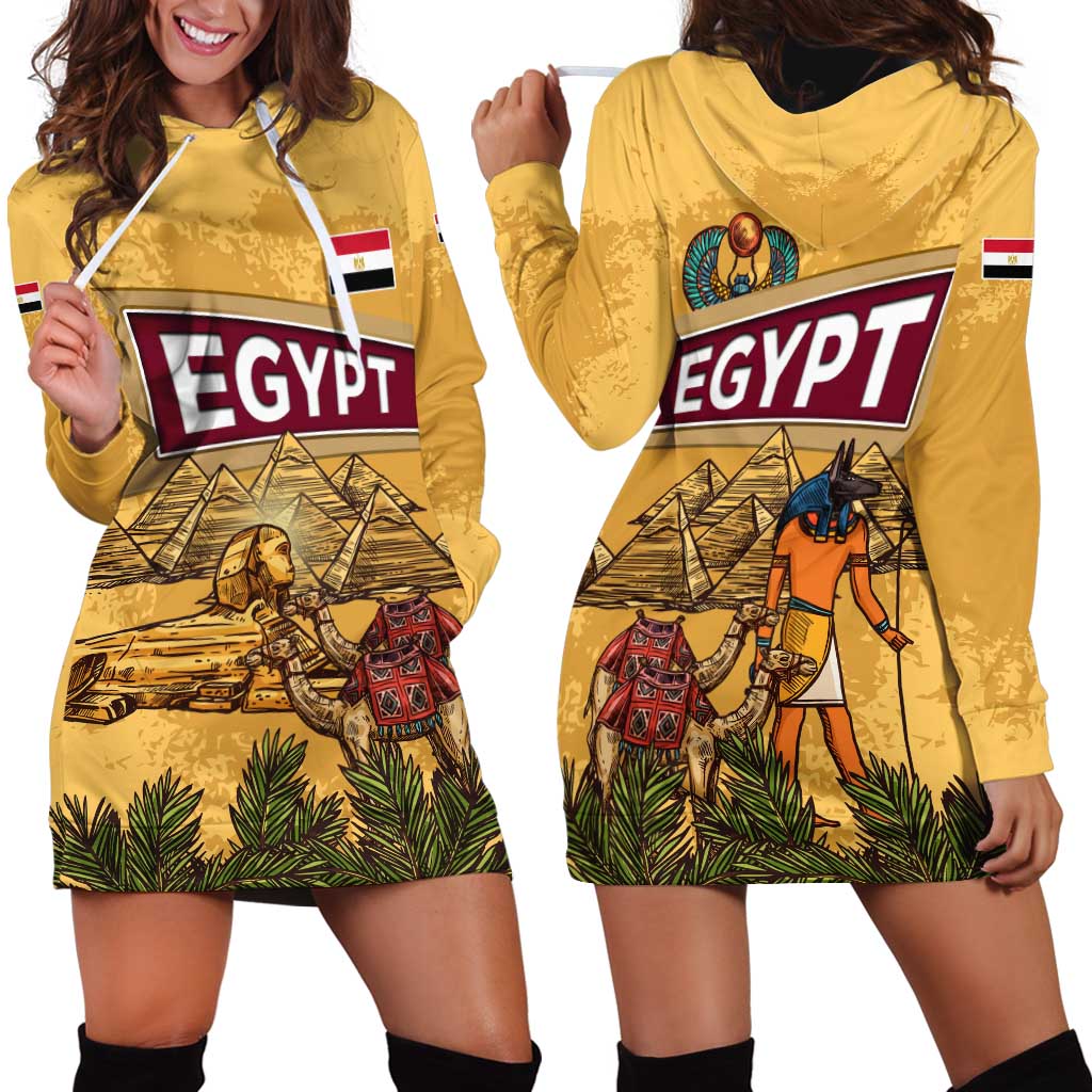 Egyptian Pyramids and Anubis Hoodie Dress with Camel Caravan Desert