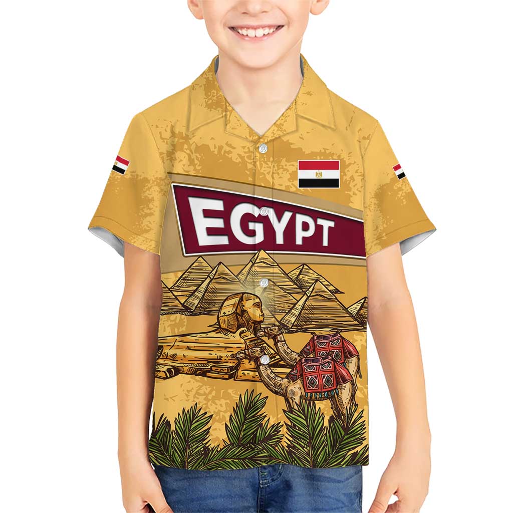 Egyptian Pyramids and Anubis Kid Hawaiian Shirt with Camel Caravan Desert