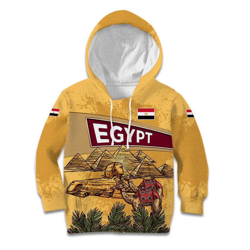 Egyptian Pyramids and Anubis Kid Hoodie with Camel Caravan Desert