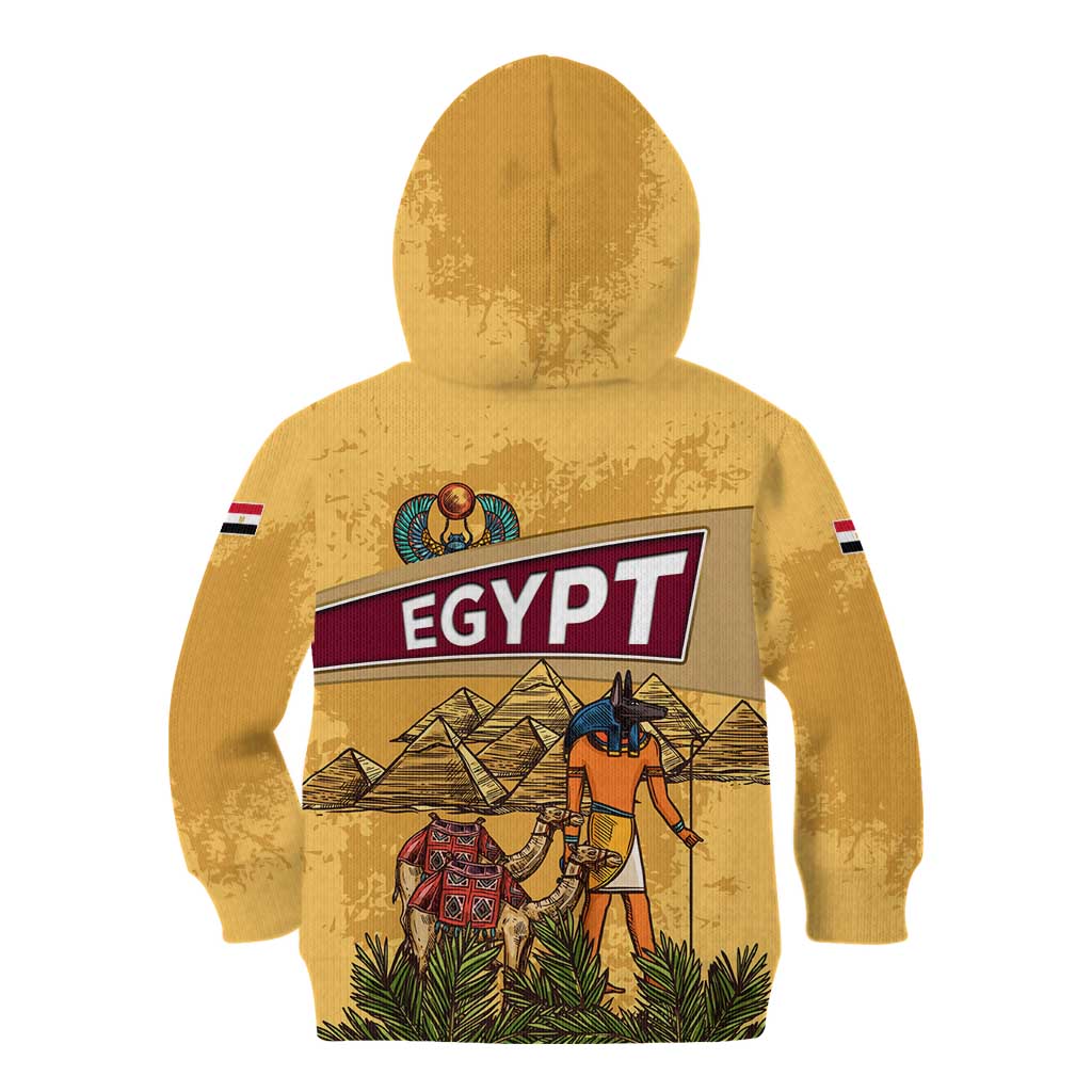 Egyptian Pyramids and Anubis Kid Hoodie with Camel Caravan Desert