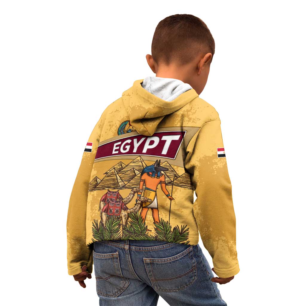 Egyptian Pyramids and Anubis Kid Hoodie with Camel Caravan Desert