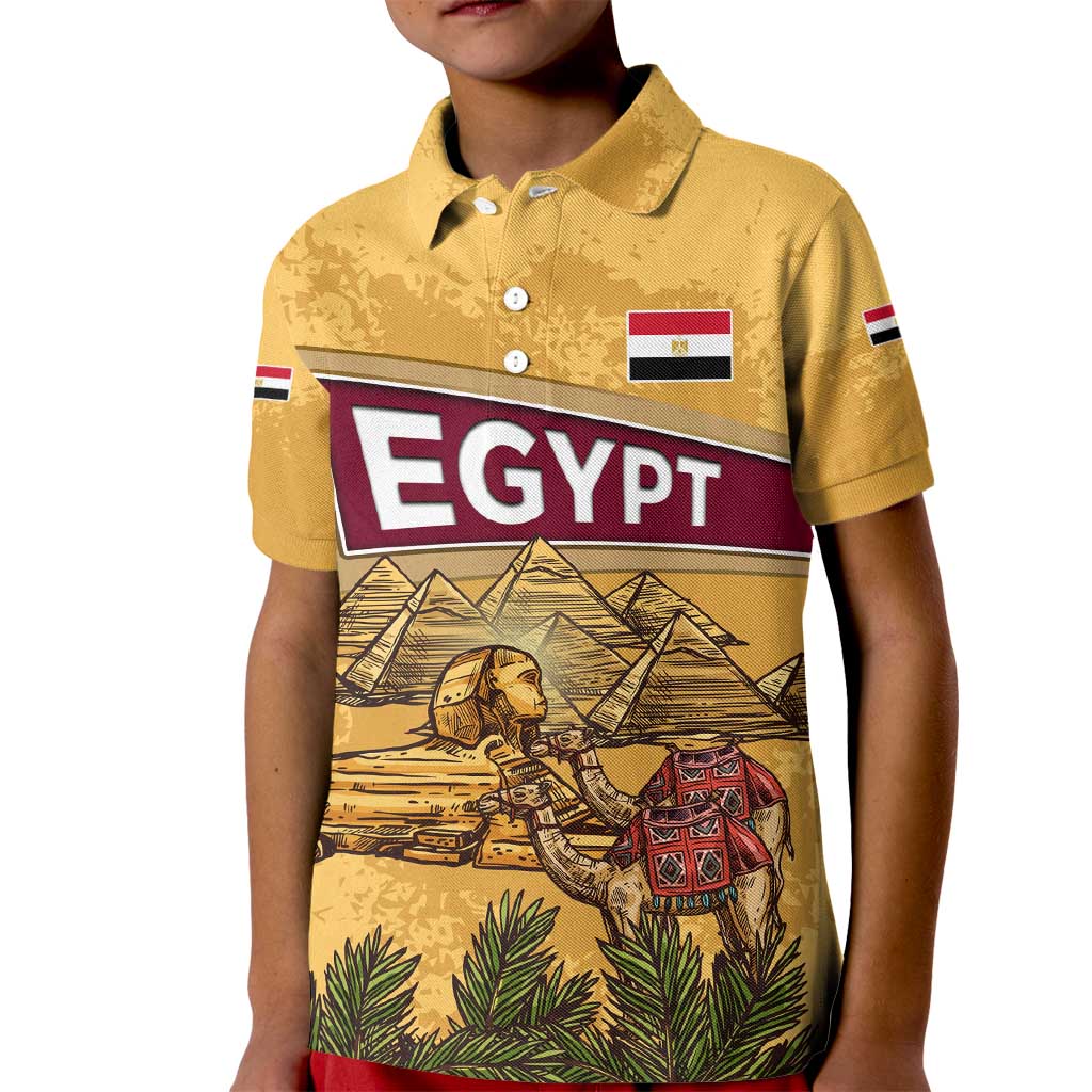 Egyptian Pyramids and Anubis Kid Polo Shirt with Camel Caravan Desert