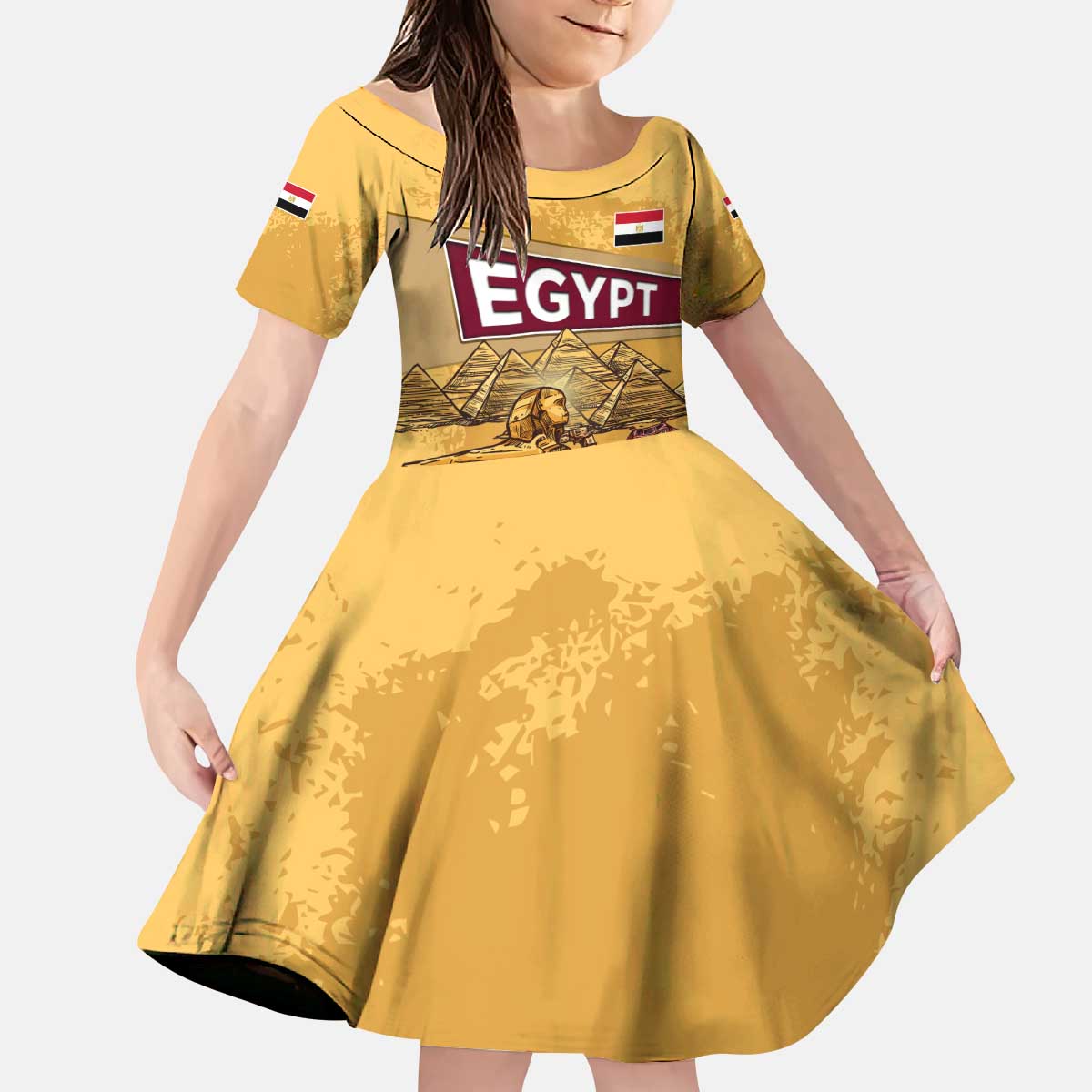 Egyptian Pyramids and Anubis Kid Short Sleeve Dress with Camel Caravan Desert