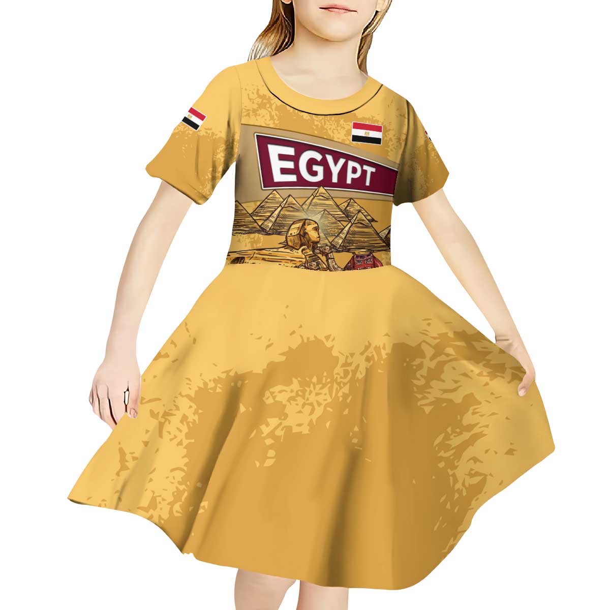 Egyptian Pyramids and Anubis Kid Short Sleeve Dress with Camel Caravan Desert
