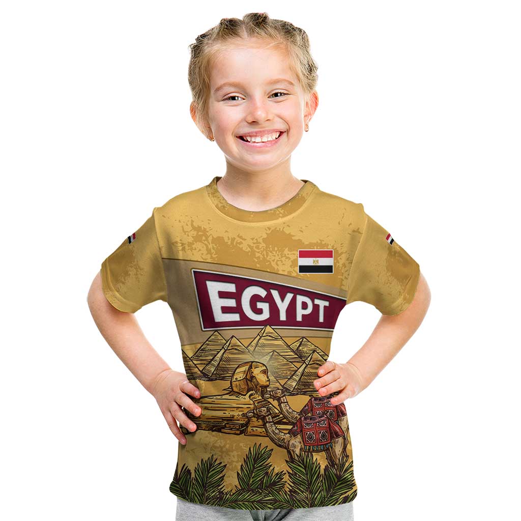 Egyptian Pyramids and Anubis Kid T Shirt with Camel Caravan Desert