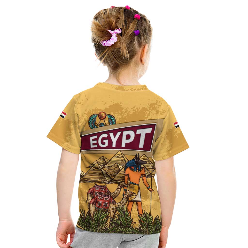 Egyptian Pyramids and Anubis Kid T Shirt with Camel Caravan Desert