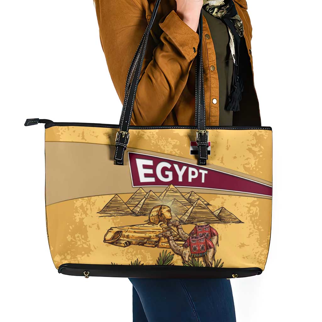 Egyptian Pyramids and Anubis Leather Tote Bag with Camel Caravan Desert