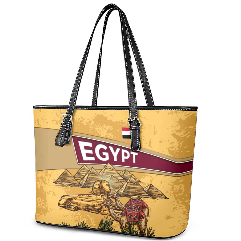 Egyptian Pyramids and Anubis Leather Tote Bag with Camel Caravan Desert
