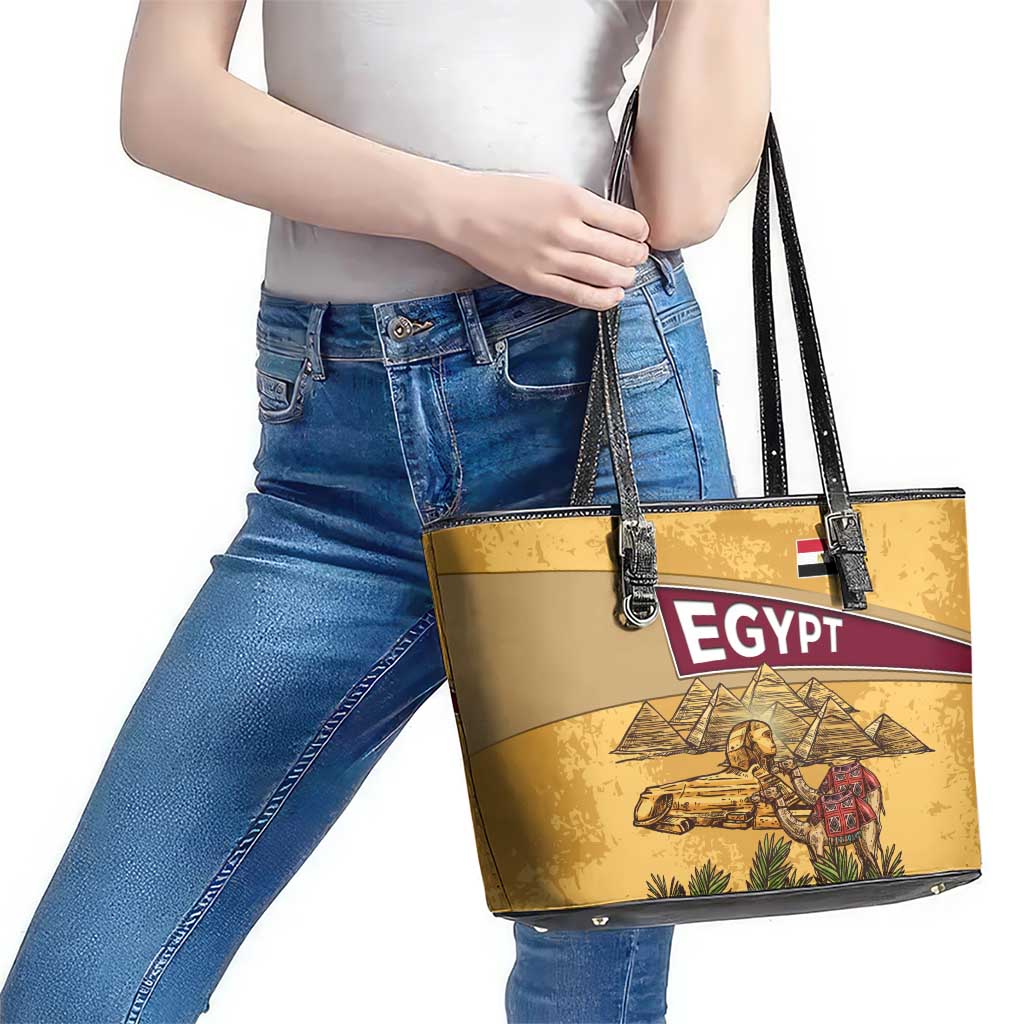 Egyptian Pyramids and Anubis Leather Tote Bag with Camel Caravan Desert