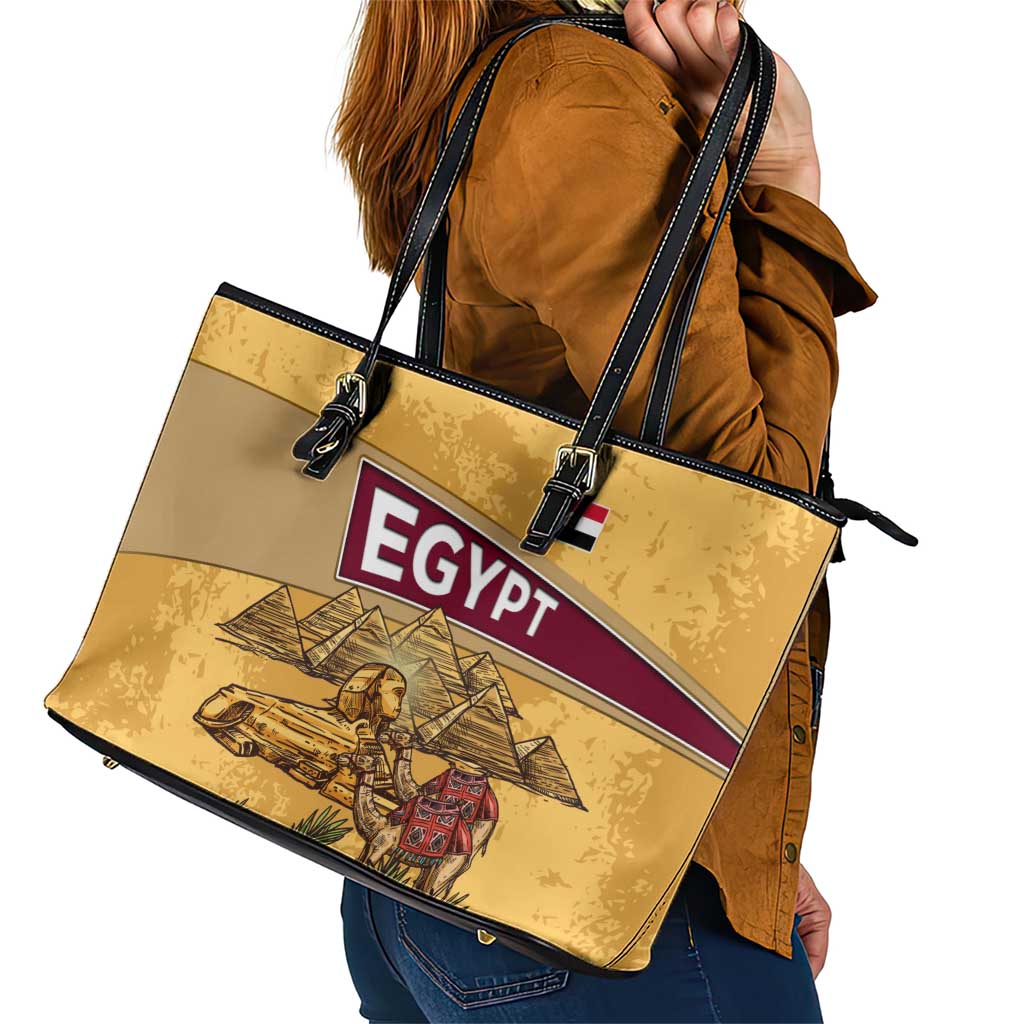Egyptian Pyramids and Anubis Leather Tote Bag with Camel Caravan Desert