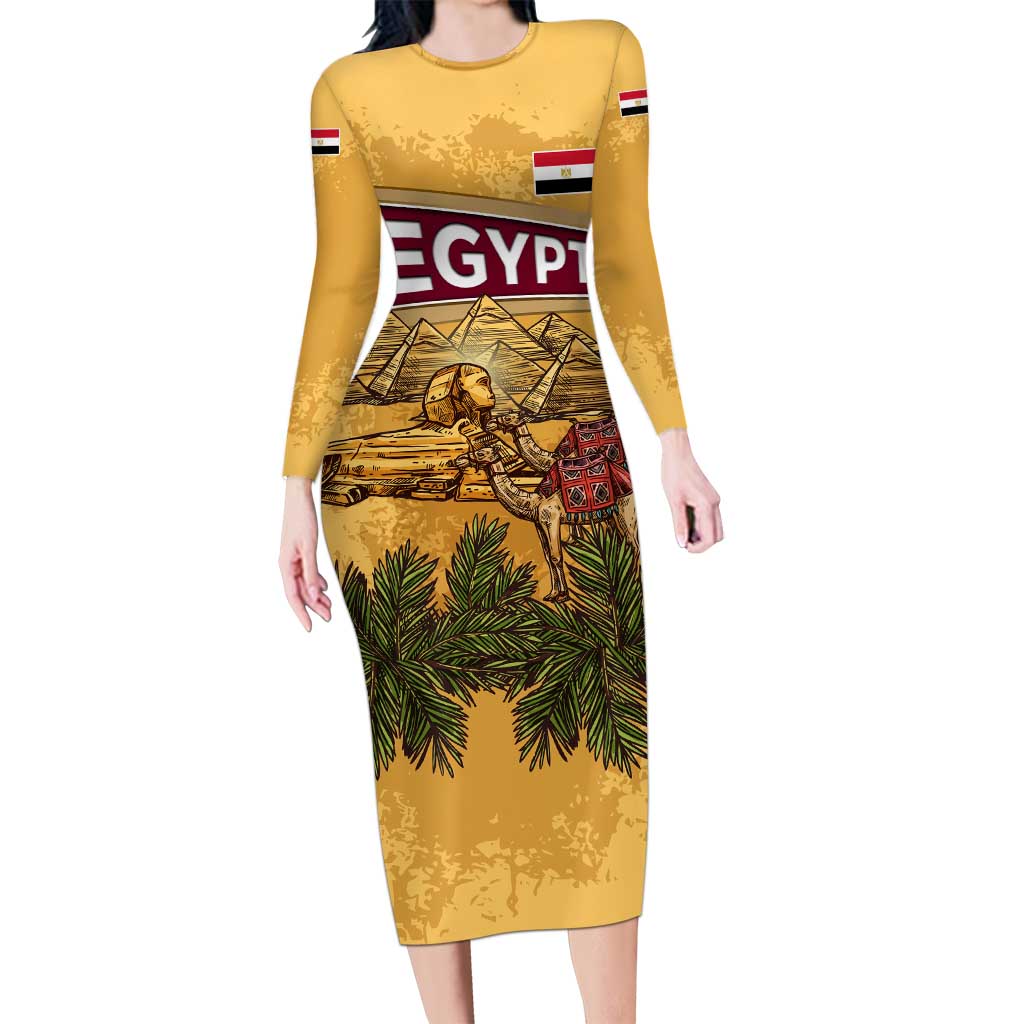Egyptian Pyramids and Anubis Long Sleeve Bodycon Dress with Camel Caravan Desert