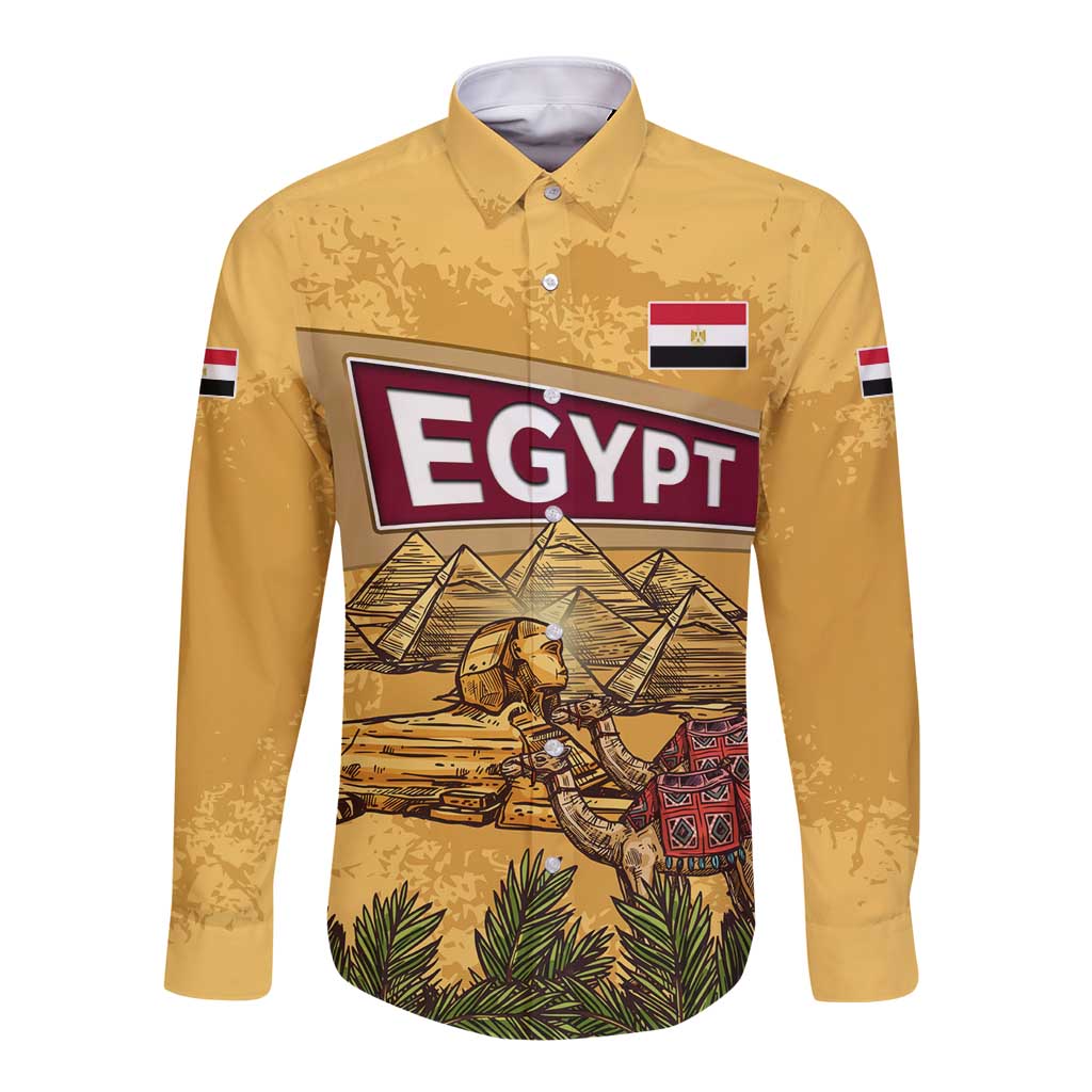 Egyptian Pyramids and Anubis Long Sleeve Button Shirt with Camel Caravan Desert
