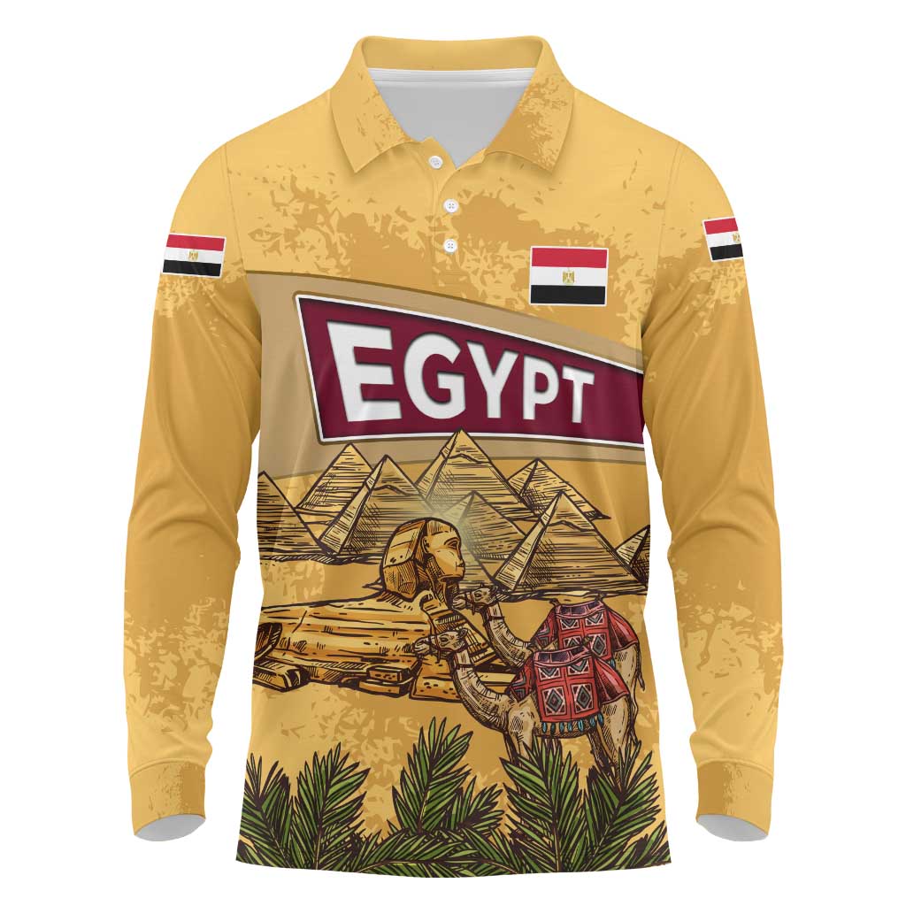 Egyptian Pyramids and Anubis Long Sleeve Polo Shirt with Camel Caravan Desert