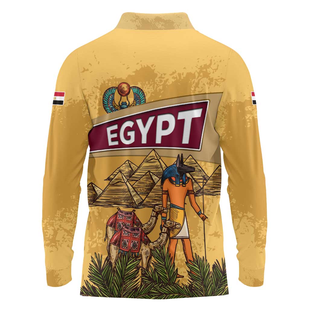 Egyptian Pyramids and Anubis Long Sleeve Polo Shirt with Camel Caravan Desert