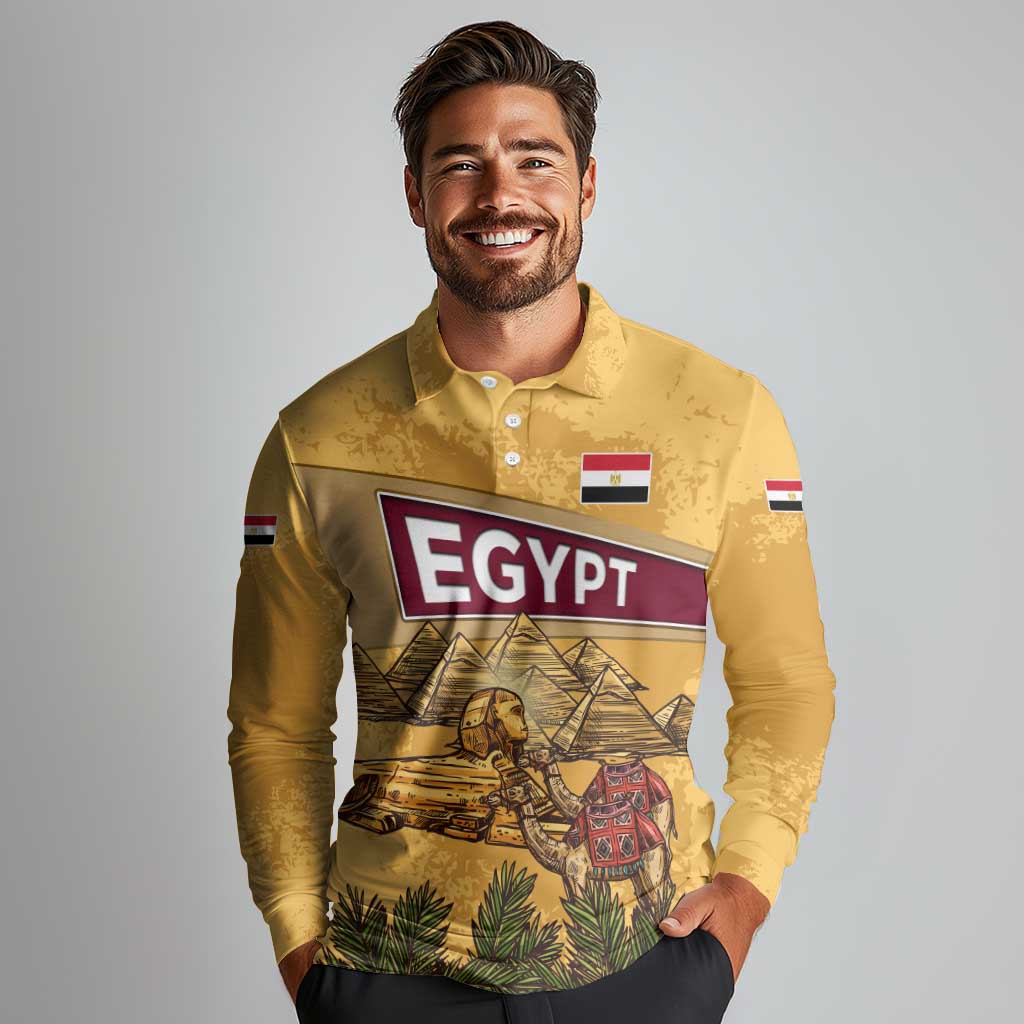 Egyptian Pyramids and Anubis Long Sleeve Polo Shirt with Camel Caravan Desert