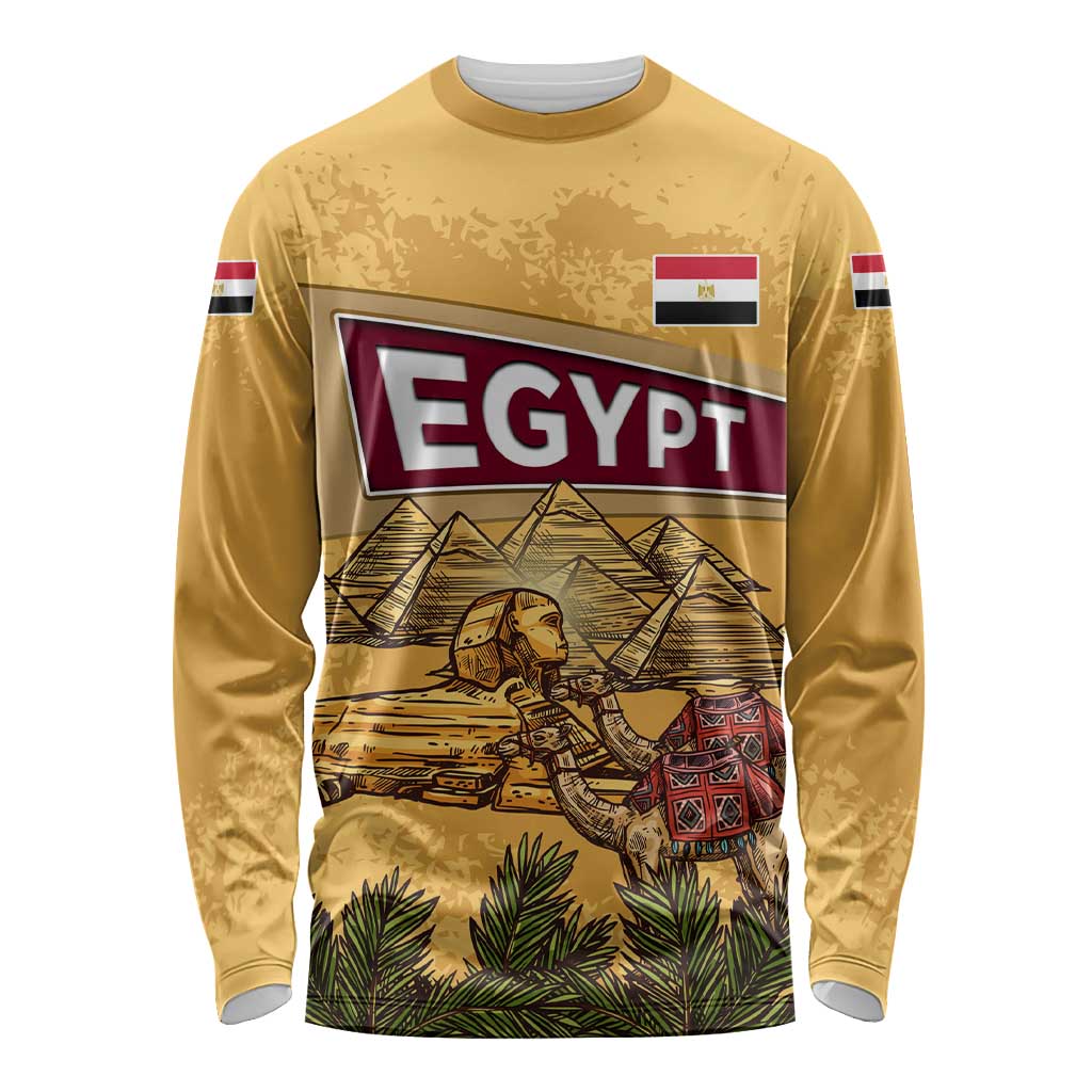 Egyptian Pyramids and Anubis Long Sleeve Shirt with Camel Caravan Desert