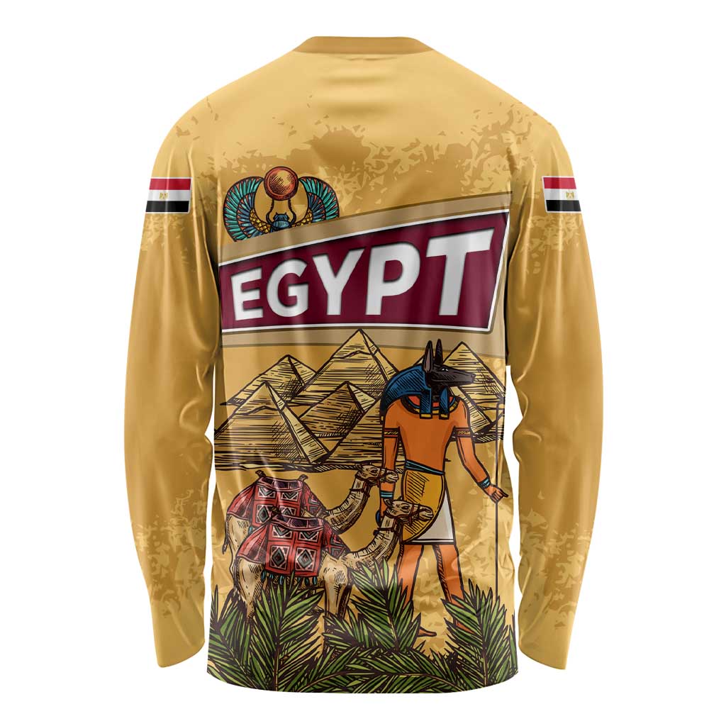 Egyptian Pyramids and Anubis Long Sleeve Shirt with Camel Caravan Desert