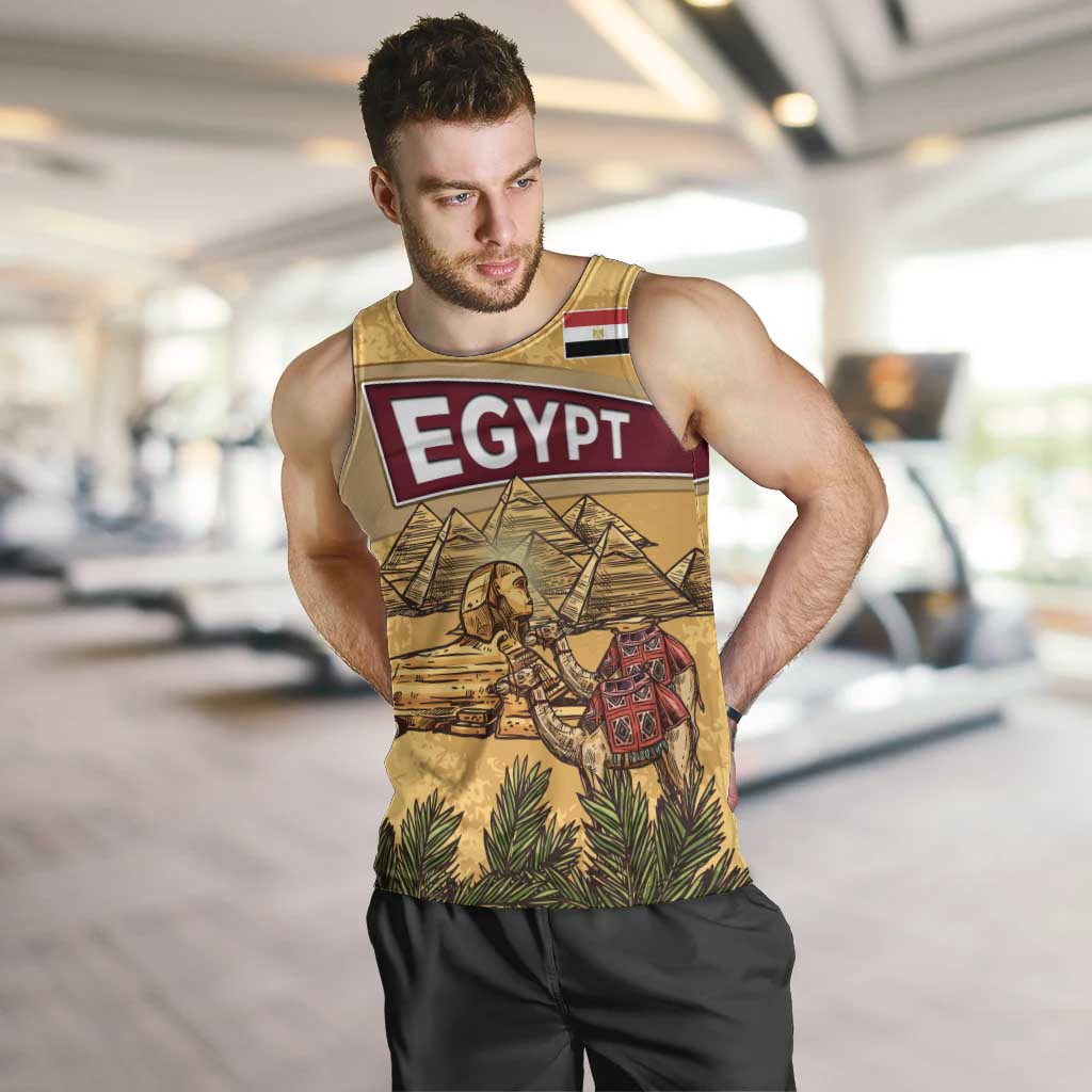 Egyptian Pyramids and Anubis Men Tank Top with Camel Caravan Desert