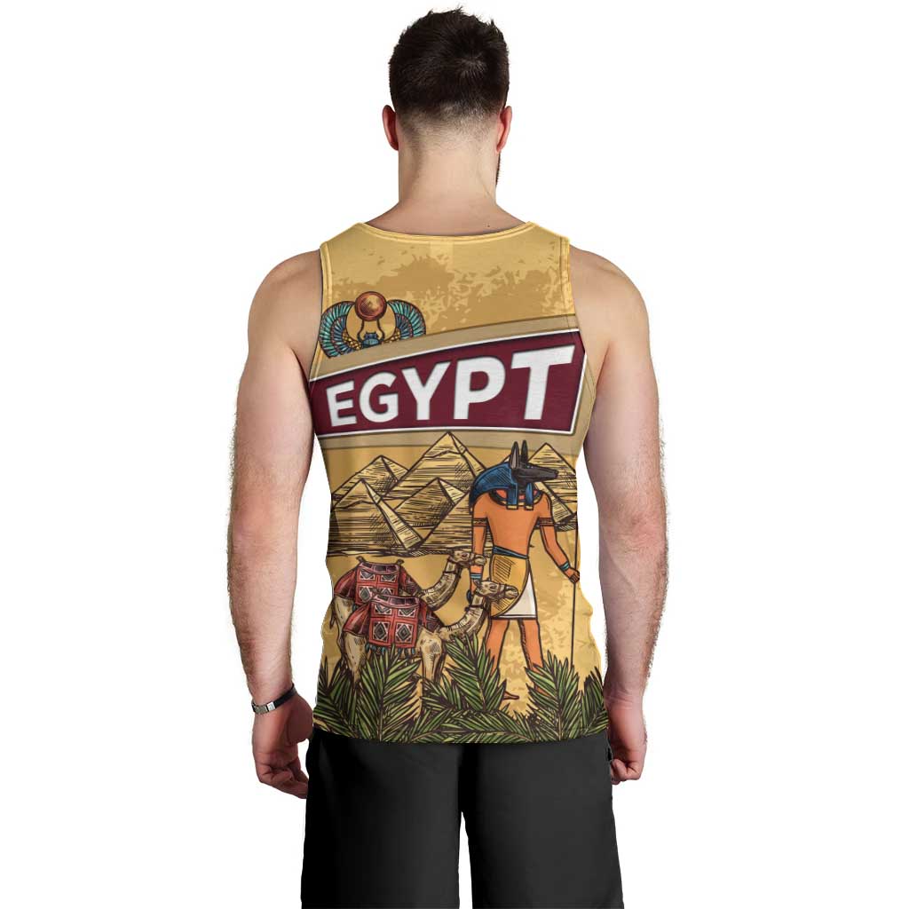 Egyptian Pyramids and Anubis Men Tank Top with Camel Caravan Desert