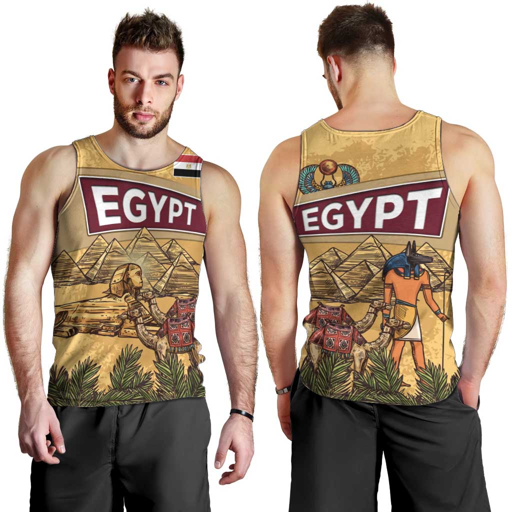 Egyptian Pyramids and Anubis Men Tank Top with Camel Caravan Desert
