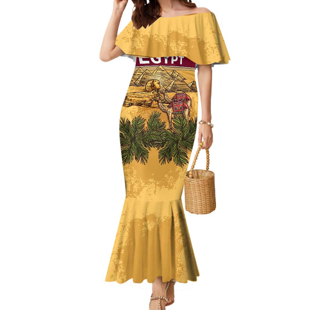 Egyptian Pyramids and Anubis Mermaid Dress with Camel Caravan Desert